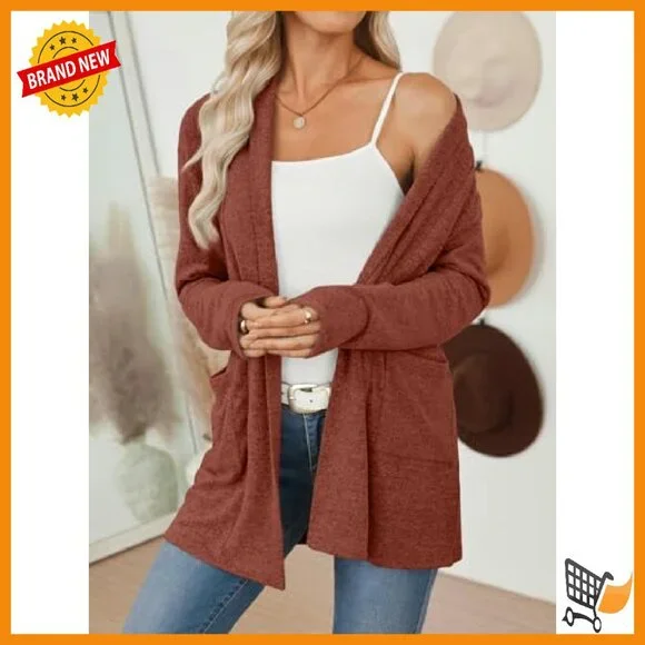 Lightweight Open Front Cardigan with Pockets - Long Sleeve Hip Length
